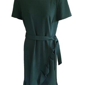 Calvin Klein Green Ruffle Tulip-Hem Scuba Crepe Belted Dress | Size 12